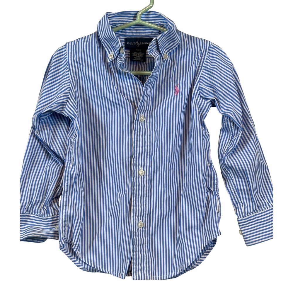 Ralph Lauren Toddler Boys Blue White Striped Button Down Shirt Pink‎ Pony 3/3T